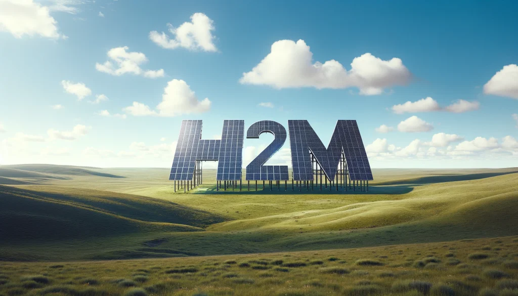 DALL·E 2024-06-12 10.56.41 - A vast grassland with a solar power station in the shape of 'H2M'. The solar panels form the letters 'H2M' and are placed prominently in the landscape