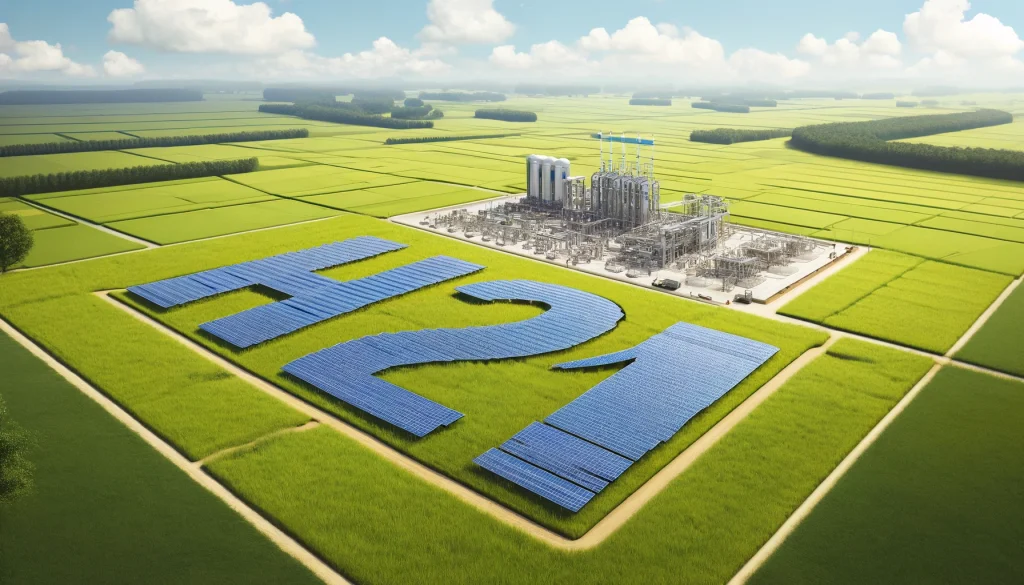 DALL·E 2024-06-12 11.00.55 - A vast grassland with a large solar power station in the shape of 'H2M'. Thousands of solar panels form the letters 'H2M', laid flat on the ground. Th