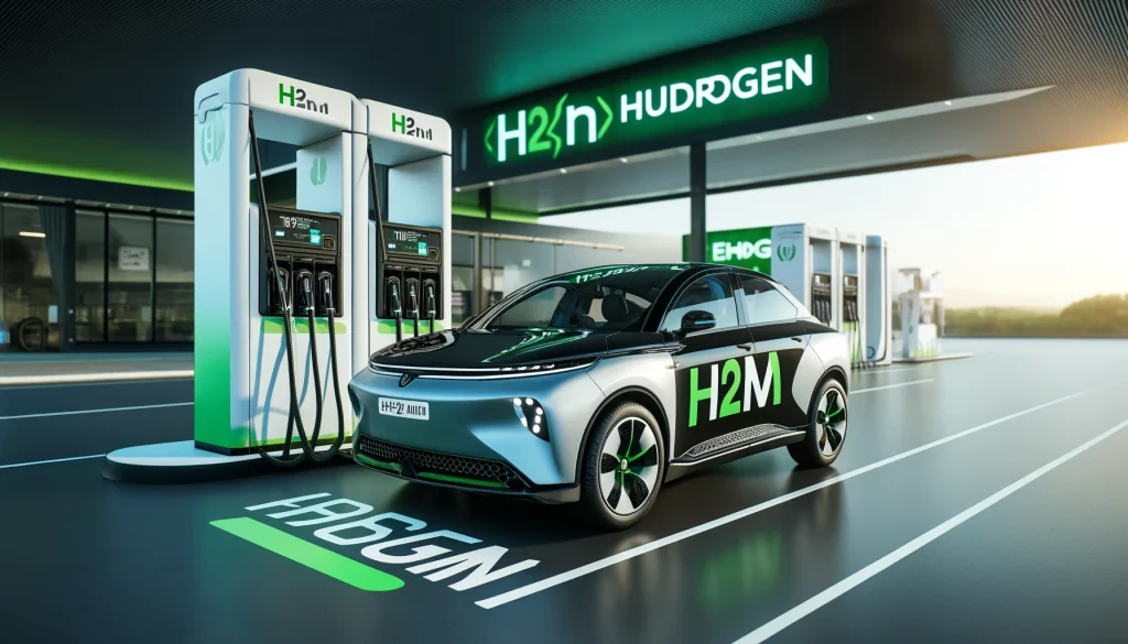 DALL·E 2024-06-12 11.08.04 - A hydrogen fuel car with the H2M logo (green and black) on its side is at a hydrogen fueling station, refilling hydrogen. The car should be sleek and