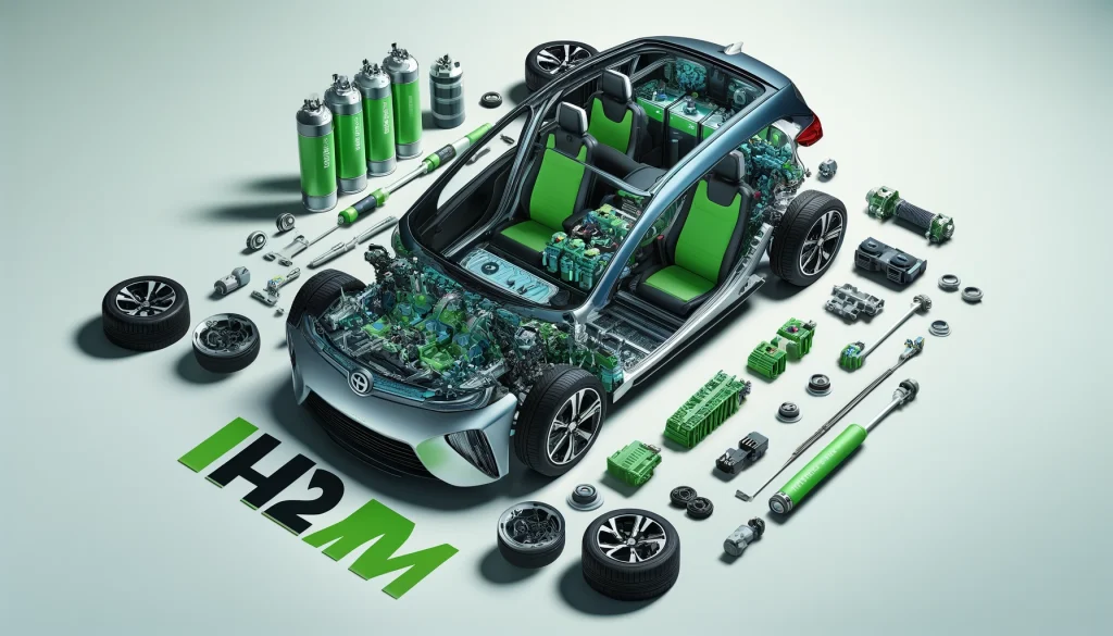 DALL·E 2024-06-12 11.11.05 - A hydrogen fuel car with the H2M logo (green and black) is shown disassembled, displaying the internal components. The car's parts, including the hydr