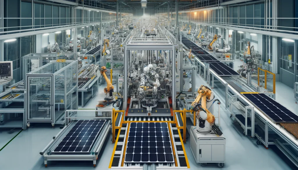 DALL·E 2024-06-12 11.29.04 - An automated assembly line factory for producing solar panels with no workers present. The assembly line is equipped with advanced machinery and robot