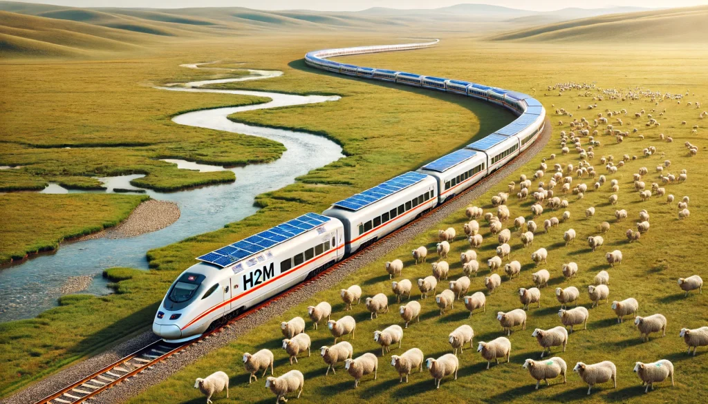 DALL·E 2024-06-14 13.15.07 - A high-speed train with 8 carriages speeding through the Mongolian grasslands. There is a small flock of 6 sheep near a winding river. Each carriage o