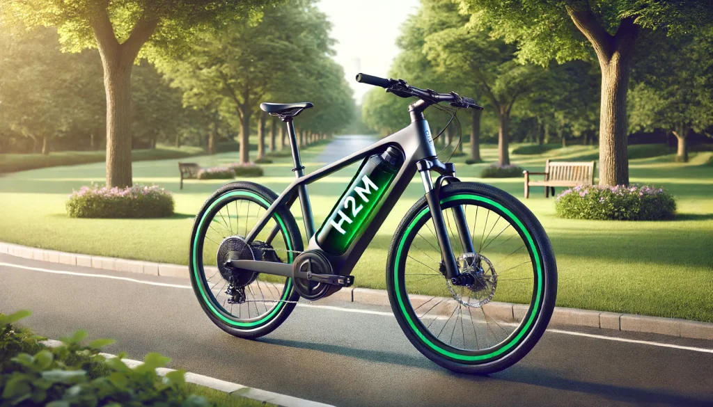 DALL·E 2024-06-14 14.18.50 - A sleek and modern bicycle powered by hydrogen fuel cells, with the 'H2M' logo prominently displayed on the frame. The bicycle has a visible hydrogen