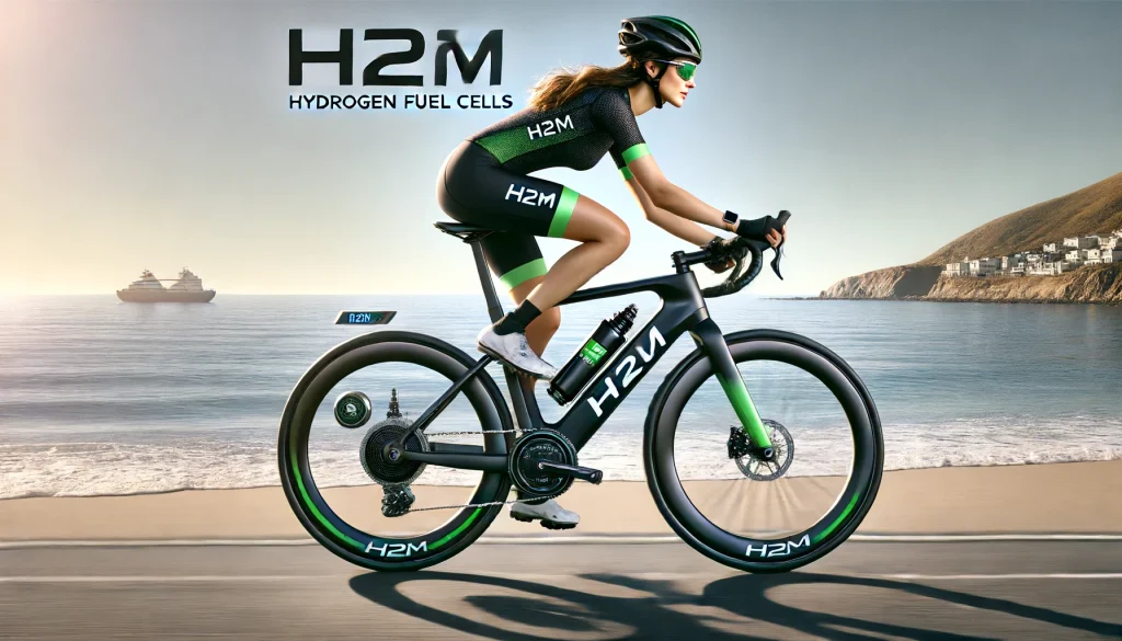 DALL·E 2024-06-14 14.21.24 - A sleek and modern bicycle powered by hydrogen fuel cells, with the 'H2M' logo prominently displayed on the frame. The bicycle has a visible hydrogen