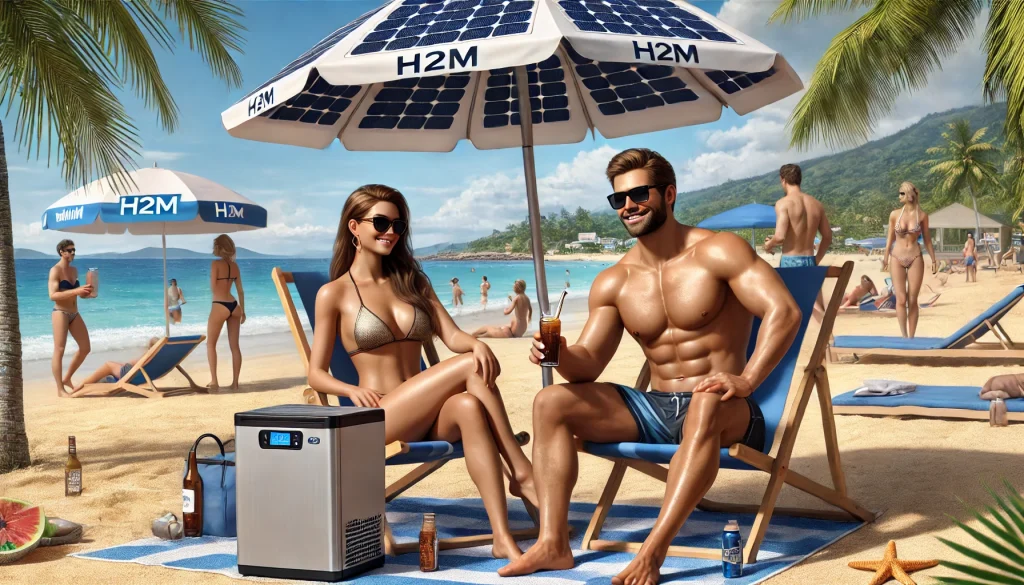 DALL·E 2024-06-23 13.19.14 - A realistic beach scene with a handsome man and a beautiful woman chatting under a beach umbrella equipped with solar panels. The woman is wearing a s