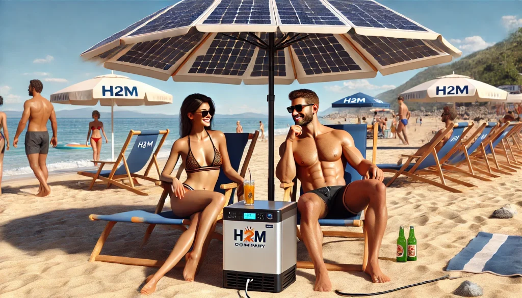 DALL·E 2024-06-23 13.22.13 - A realistic beach scene with a handsome man and a beautiful woman chatting under a beach umbrella equipped with solar panels. The woman is wearing a s